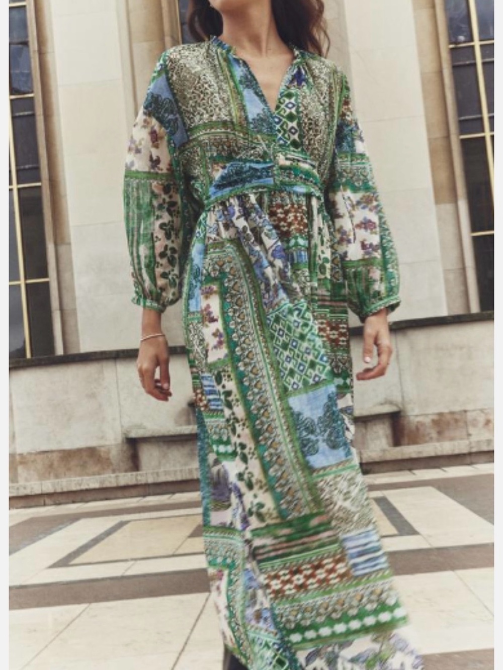 Zara Women’s Printed Patchwork Midi  Maxi Floral Chiffon Ruffle V-Neck Sz Large